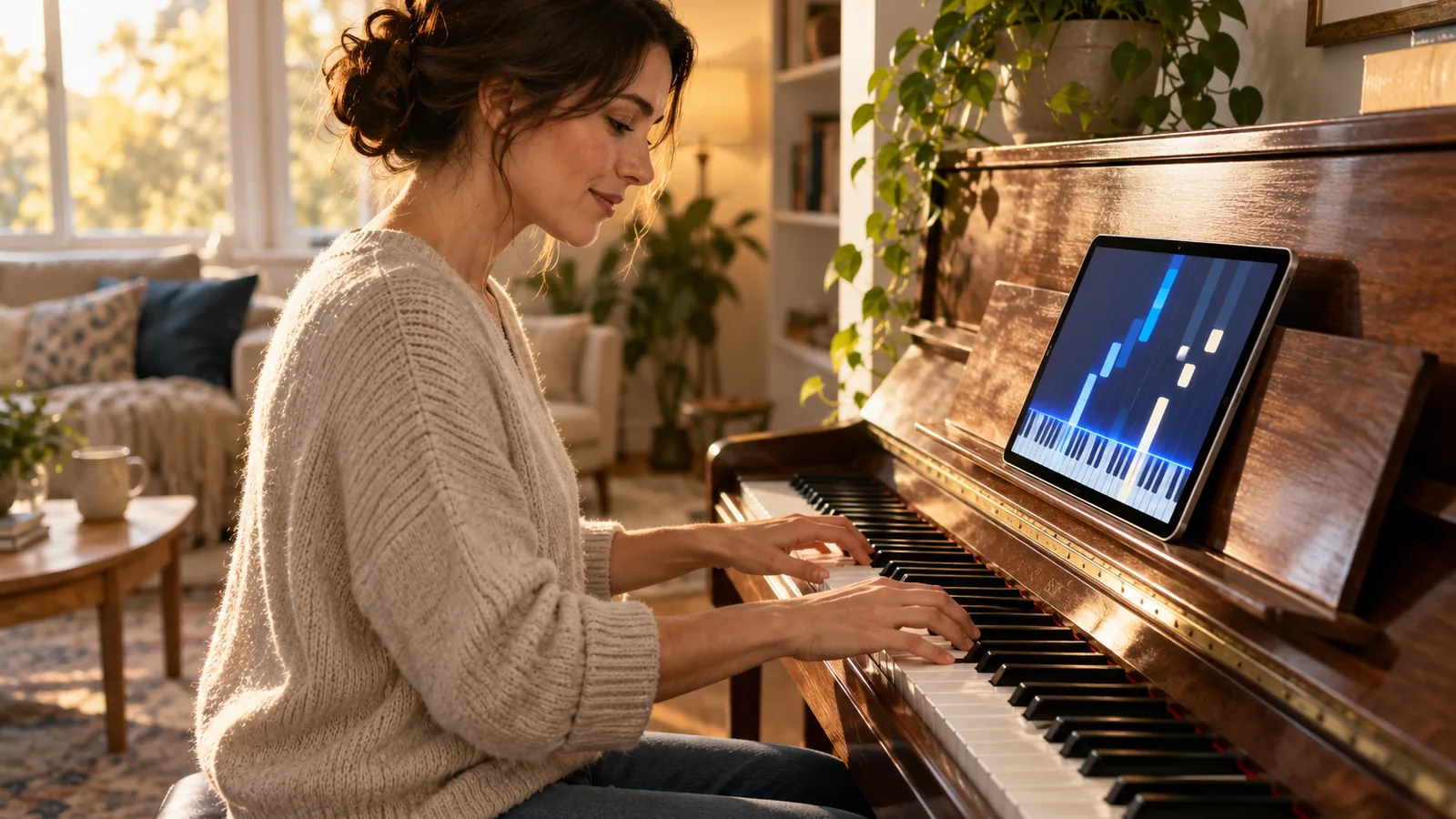 An adult practices piano while a tablet on the music stand displays a colorful lesson screen