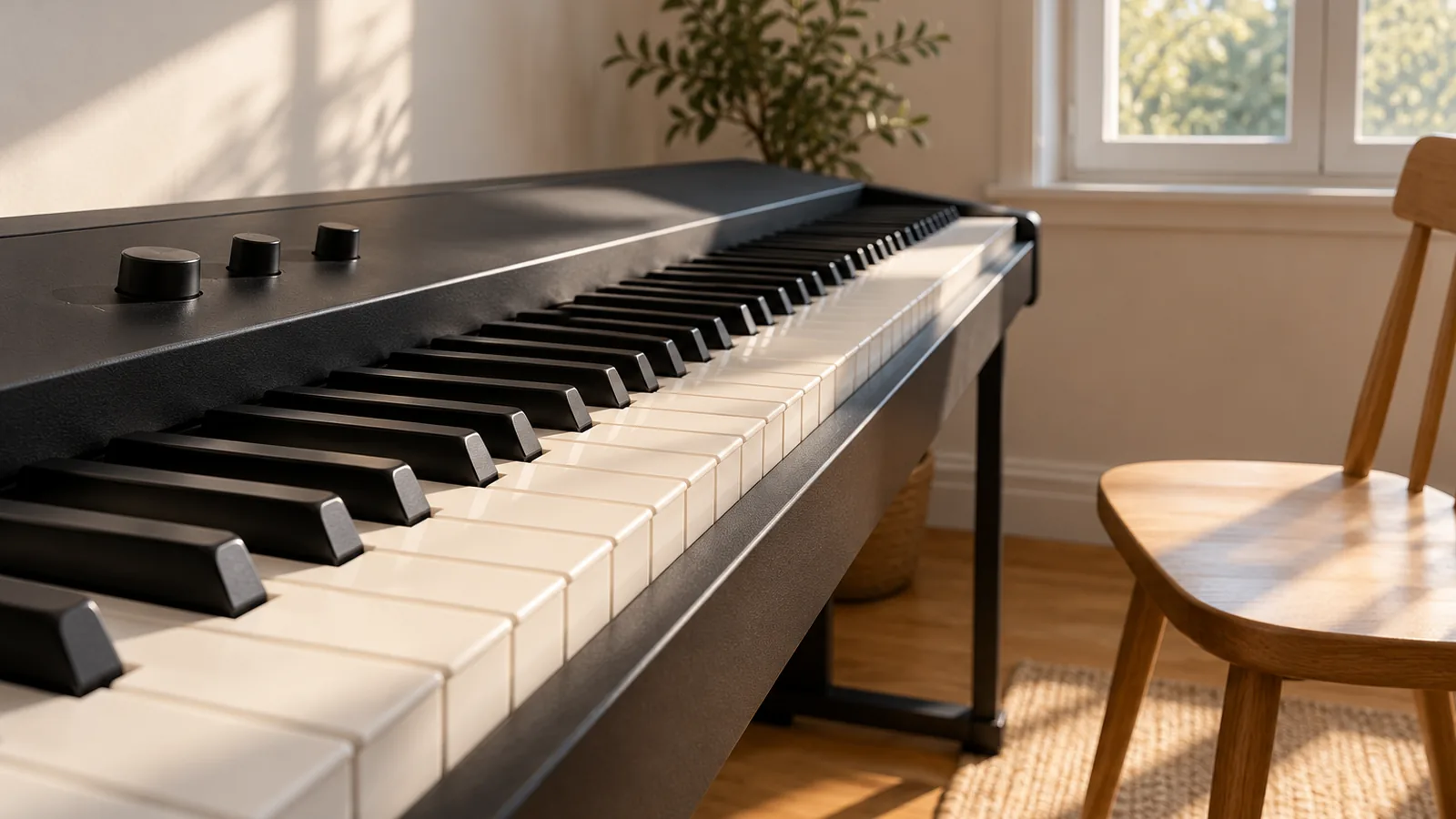 Best Piano Keyboard Brands for Home or Stage 1 Black digital piano with weighted keys on a stand in a bright practice room