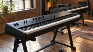 Two stage pianos with weighted keys on stands in a rehearsal room, with soft window light from the left