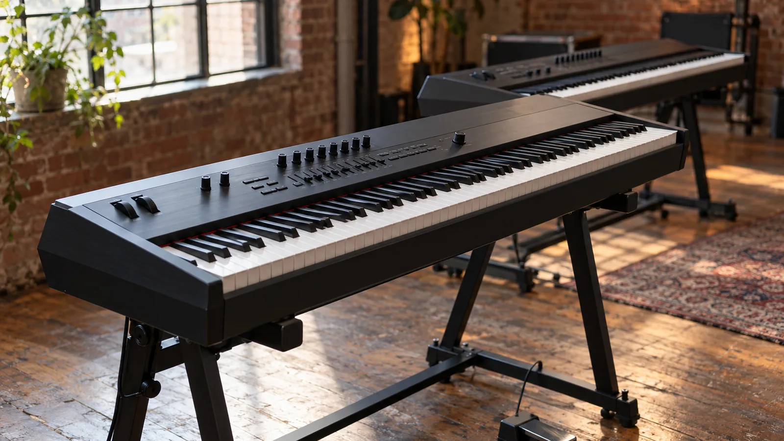 10 Best Stage Pianos for 2026 1 Two stage pianos with weighted keys on stands in a rehearsal room, with soft window light from the left