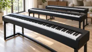 Three slim black digital pianos with weighted keys side by side in a sunlit living room with an oak floor