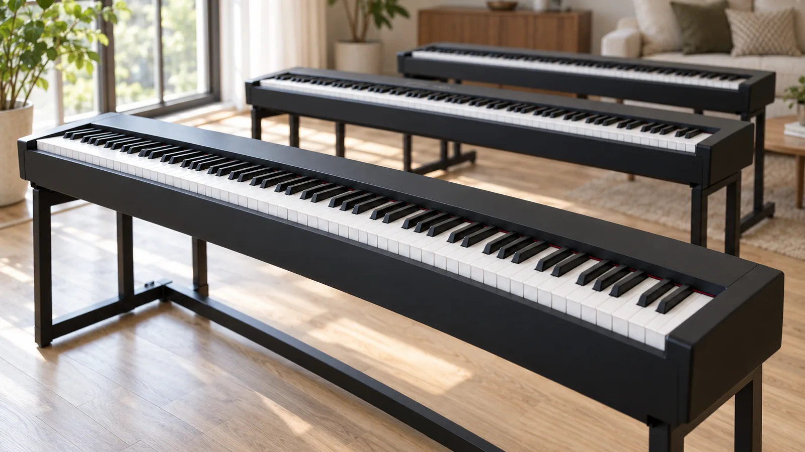 8 Best Casio CDP-S160 Alternatives for 2026 1 Three slim black digital pianos with weighted keys side by side in a sunlit living room with an oak floor