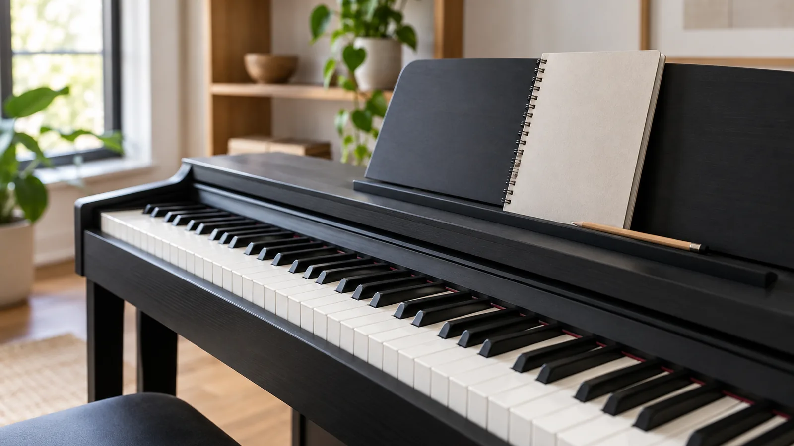 Black digital piano with weighted keys beside a closed notebook and pencil in a bright home studio