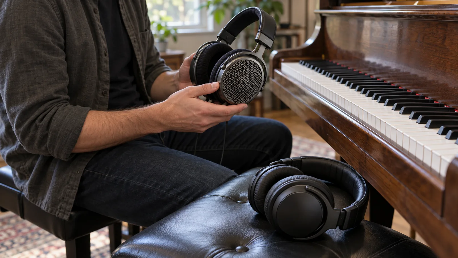 Open-back and closed-back headphones beside piano keys during practice