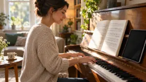 Adult practicing piano at home with an open method book on the music rack and a tablet beside it
