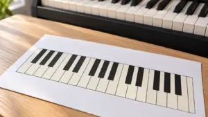 Printed paper piano keyboard template lying on a wooden desk beside a digital piano's real keys