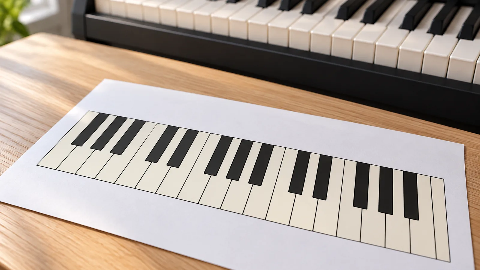 Piano Keyboard Template Printable: How to Choose and Print 1 Printed paper piano keyboard template lying on a wooden desk beside a digital piano's real keys