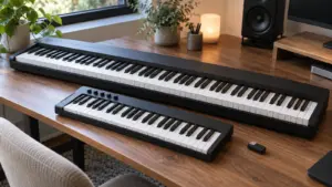 A 49-key MIDI controller, an 88-key digital piano, and a small MIDI adapter on a studio desk