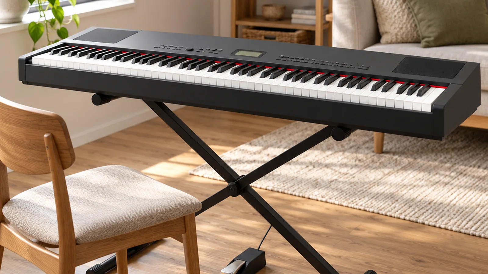Portable digital piano on a folding stand in a sunlit living room with a pedal on the floor