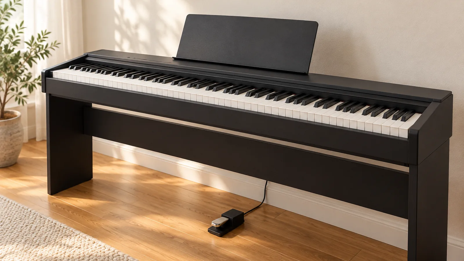 Black 88-key digital piano with weighted keys and a sustain pedal in a bright home practice room