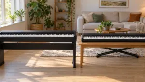 Yamaha P-45 and Casio CDP-S160 digital pianos side by side in a bright living room
