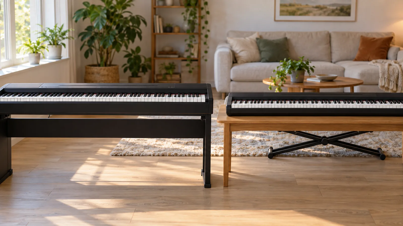 Yamaha P-45 vs Casio CDP-S160: Which Fits You? 1 Yamaha P-45 and Casio CDP-S160 digital pianos side by side in a bright living room